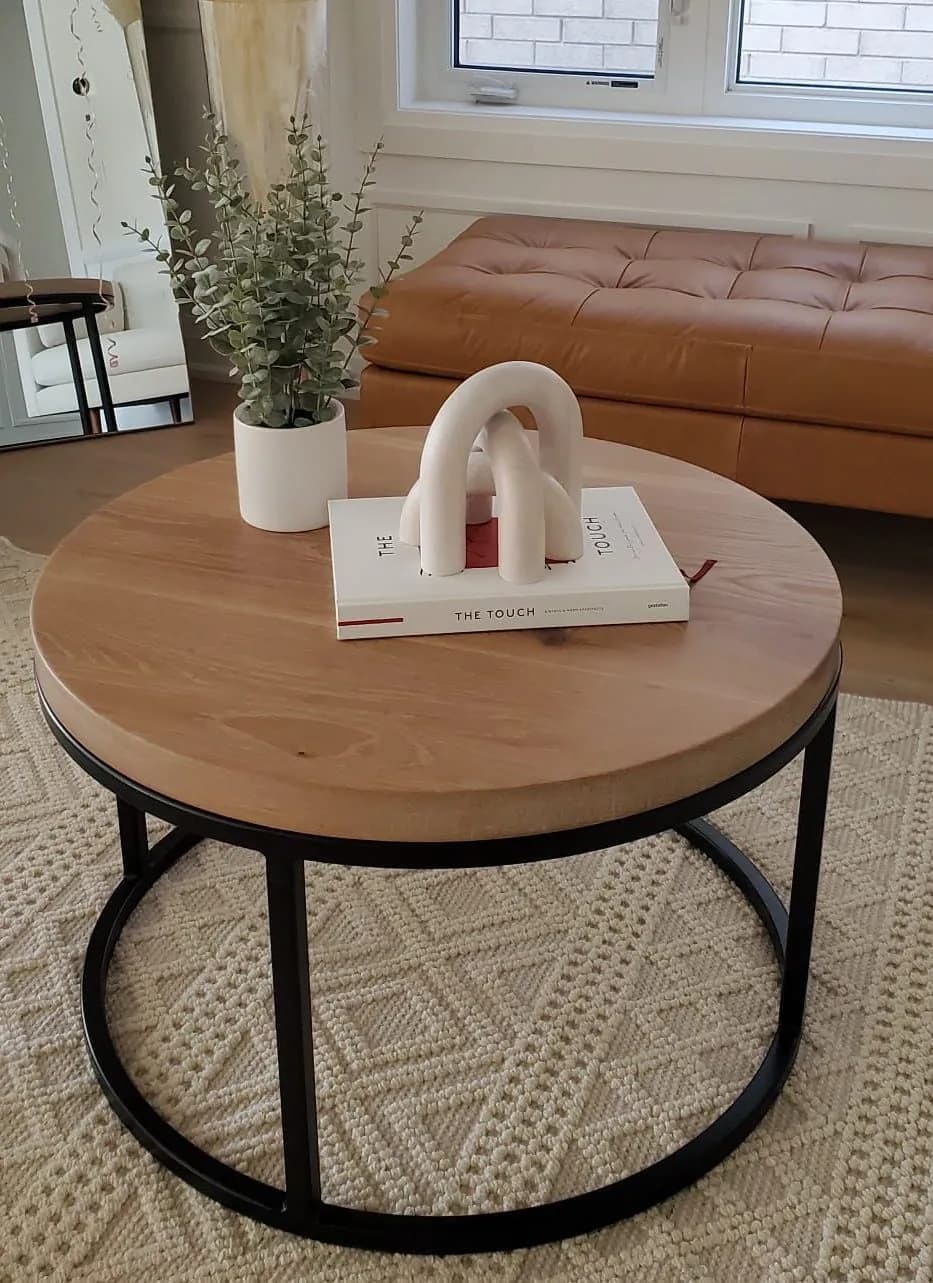 Round Oak & Steel Coffee Table — main view